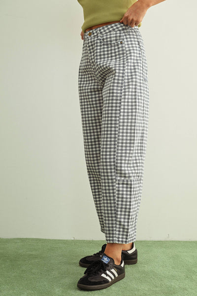 P5936   MINI CHECKER PATTERN BARREL PANTS: NAVY / S - Lulu Bella Boutique