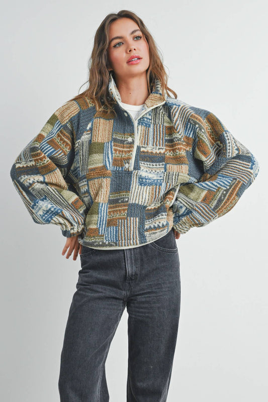 The Moss Patchwork Fleece Half Snap Top: BLUE MULTI