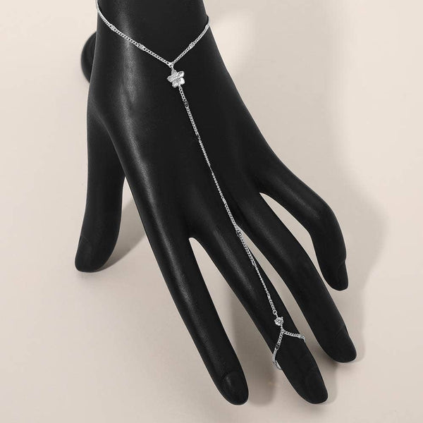 Delicate Flower Charm Accent Hand Chain Bracelet: Clear,Rhodium - Lulu Bella Boutique