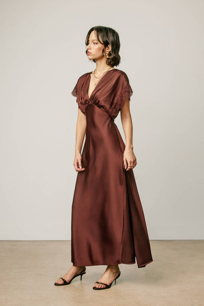 Lace Sleeve Satin Blouson Maxi Dress: RUM RAISIN