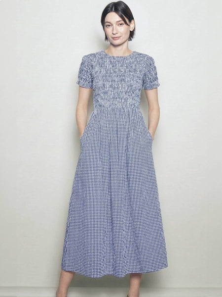 Round Neck Half Sleeve Smocked Cotton Gingham Midi Dress: Blue / S - Lulu Bella Boutique