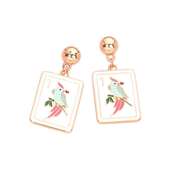 Bird Mahjong Tile Charm Drop Dangle Earrings