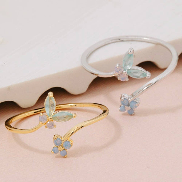 Gold Dipped Cz Butterfly And Flower Band Open Ring