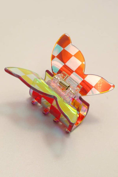 CHECKER BUTTERFLY HOLOGREAPHIC HAIR CLAW CLIPS | 40H776: FUCHSIA - Lulu Bella Boutique