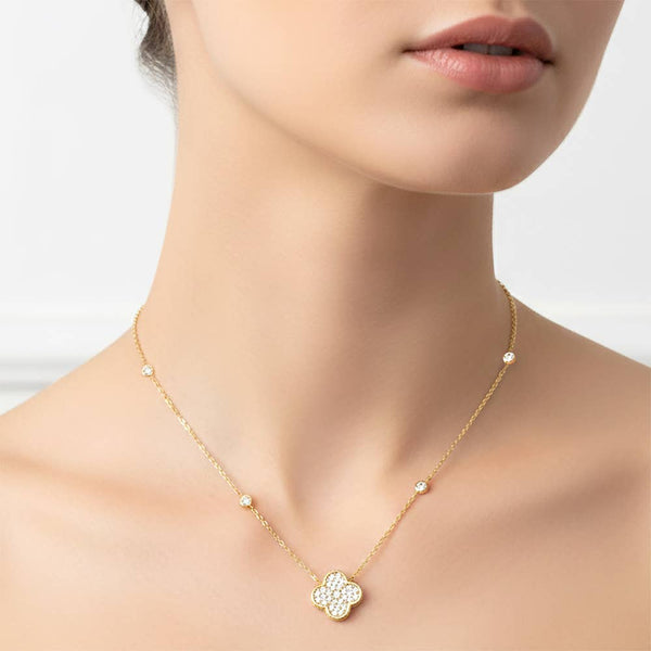 Gold Dipped CZ Pave Quatrefoil Pendant Accent Bezel Station Chain Necklace: Clear,Gold - Lulu Bella Boutique