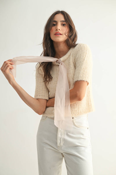 KNIT CARDIGAN WITH CHIFFON BOW - SAND