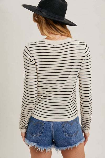 STRIPED CREW NECK KNIT TOP LONG SLEEVE: OATMEAL / L