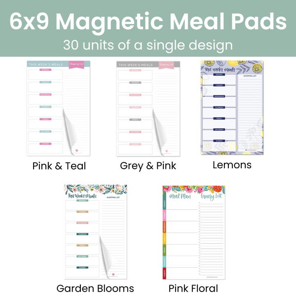 6x9 Magnetic Meal Planning Pad, Choose Design: Grey & Pink