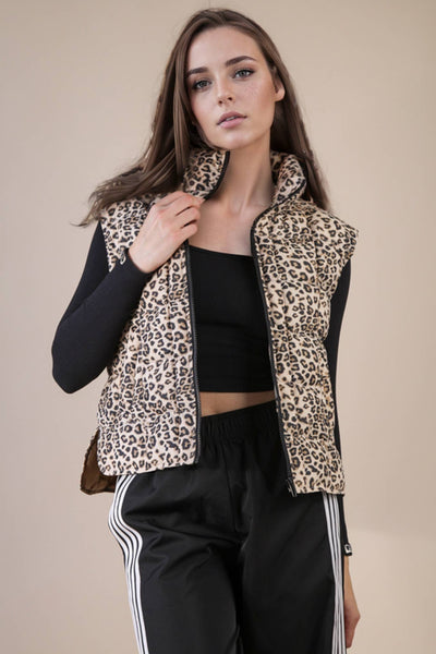 Solid & Leopard Puffer Padded Warm Vest: LEOPARD