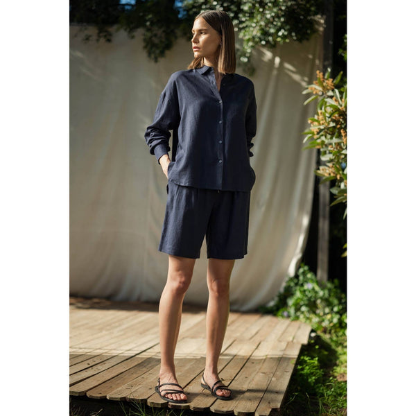 LINEN DROP SHOULDER SHIRT: Navy / S-M-L(2-2-2) - Lulu Bella Boutique