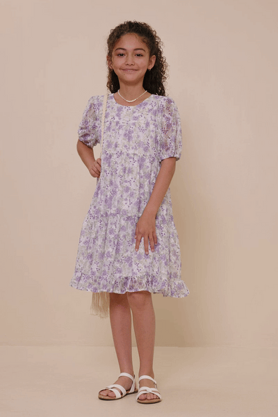 Girls Floral Printed Mesh Puff Sleeve Tiered Dress: Lavender