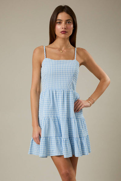 SQUARE NECK SHOULDER STRAP TIERED MINI DRESS: WHITE-BLUE GINGHAM / S - Lulu Bella Boutique