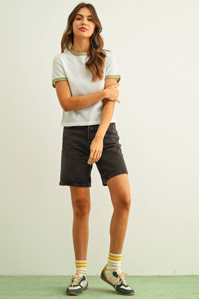 ET6124   COLOR COMBO WAFFLE FABRIC TOP: WHITE/SAGE / S - Lulu Bella Boutique