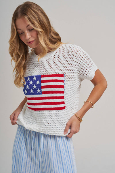AMERICAN FLAG 4TH OF JULY LOW GAUGE SWEATER TOP: OFF WHITE / S-M-L(2-2-2) - Lulu Bella Boutique