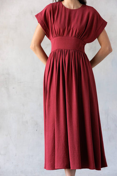 HD2706-1-ELEGANT MIDI DRESS: WINE RED / S - Lulu Bella Boutique