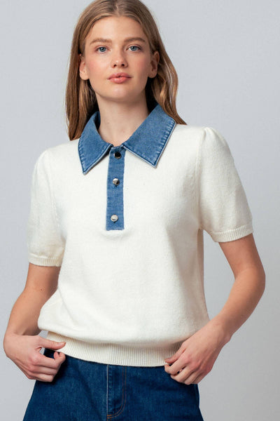 Contrast Denim Collar Knit Sweater Top: IVORY BLUE / S-M-L:2-2-2 - Lulu Bella Boutique
