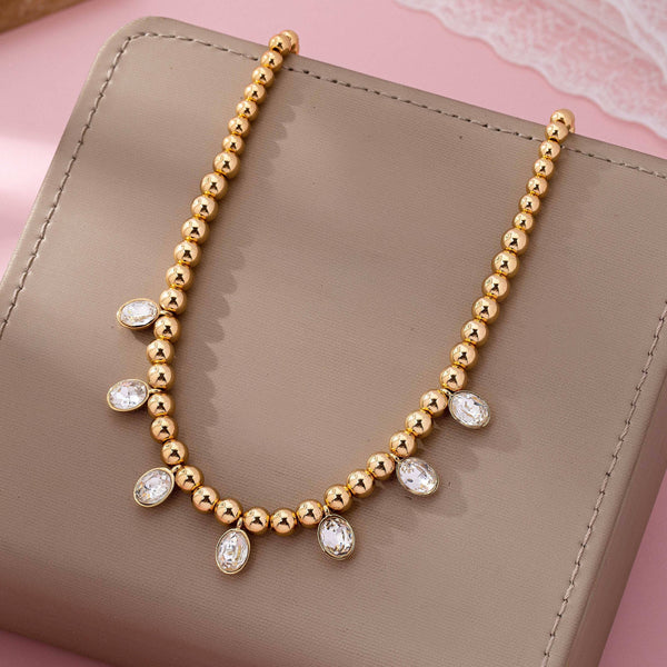 Oval Stone Beaded Ball Chain necklace: GOLD