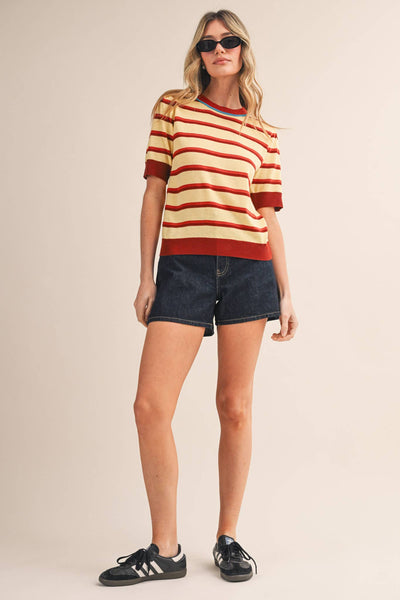 STRIPED SHORT SLEEVE SWEATER MSW11335: LEMON SIENNA / S - Lulu Bella Boutique