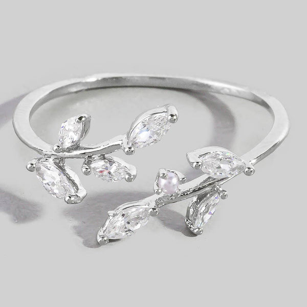 Gold Dipped Floral Spray Cz Open Ring