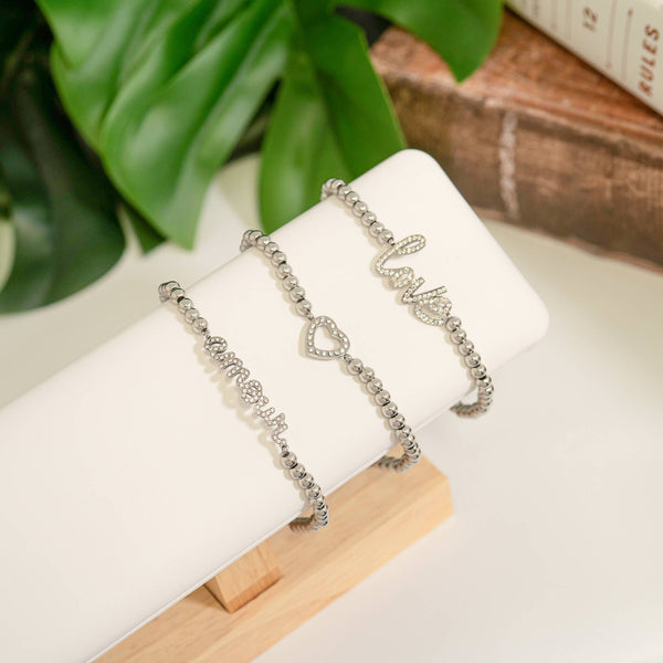 18K Gold PVD Stainless Steel Stone Heart Metal Beaded Stretch Bracelet: Gold