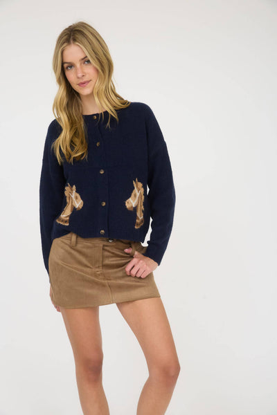 HORSE JACQUARD LONG SLEEVE BUTTON DOWN CARDIGAN: NAVY - Lulu Bella Boutique