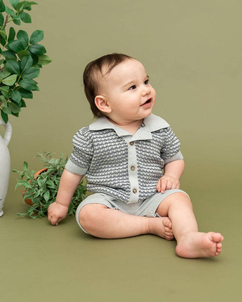 Miles Wave Textured Baby Shirt & Shorts Set (Organic Cotton): Blue Heather