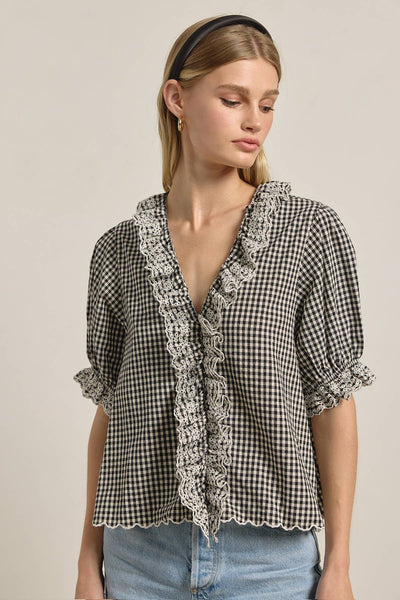 Gingham Lace Ruffle Blouse - RT1172: BLACK GINGHAM / S-M-L (3-2-1) - Lulu Bella Boutique