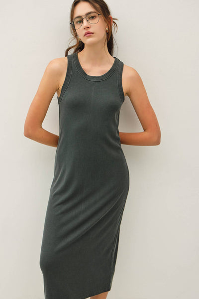 GARMENT WASHED RIBBED SLIM MIDI TANK DRESS: CHARCOAL / S - Lulu Bella Boutique