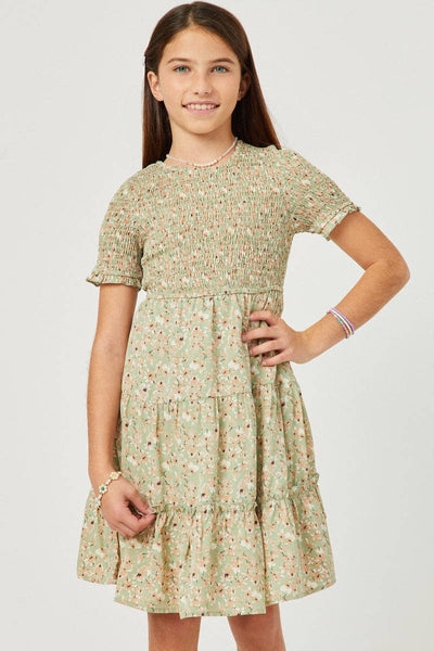 Girls Floral Smocked Tiered Skirt Dress: Sage