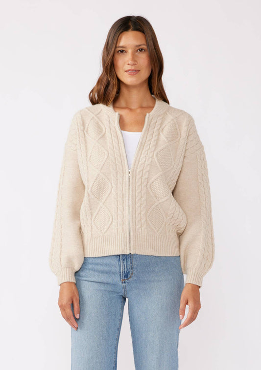 Long Sleeve Cable Zip-Up Coatigan: Natural