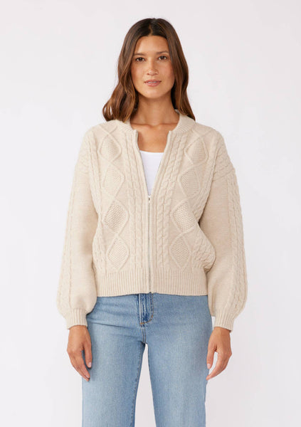 Long Sleeve Cable Zip-Up Coatigan: Natural