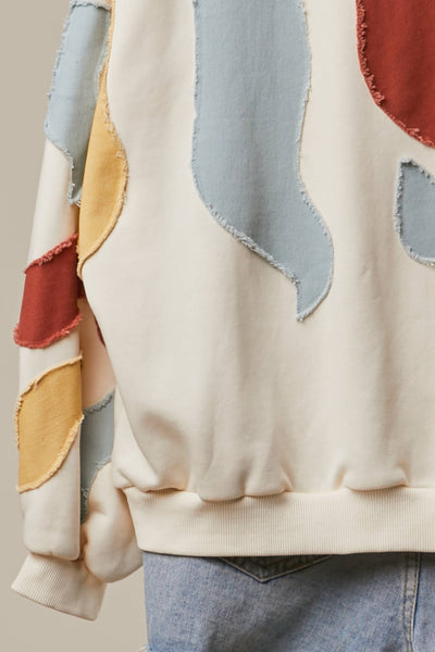 Abstract Patch Hoodie with Kangaroo Pocket: Cream