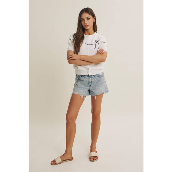 FRENCH MORNING BOW EMBROIDERED BUTTON-DOWN COTTON CARDIGAN: OFF WHITE / S - Lulu Bella Boutique