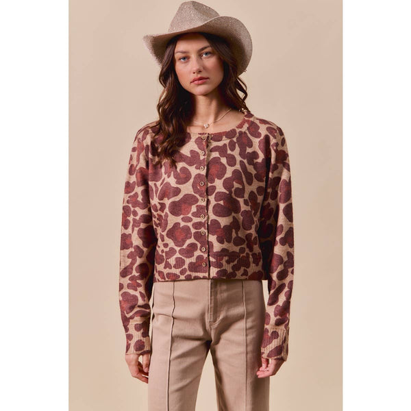 LEOPARD PRINT BUTTON UP SWEATER CARDIGAN: LEOPARD