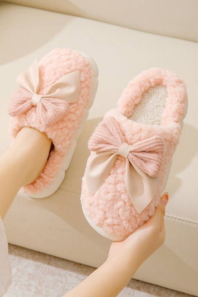 Bowknot Applique Plush Winter Slippers | US6-9.5: Khaki / Standard / US6 (CN37)