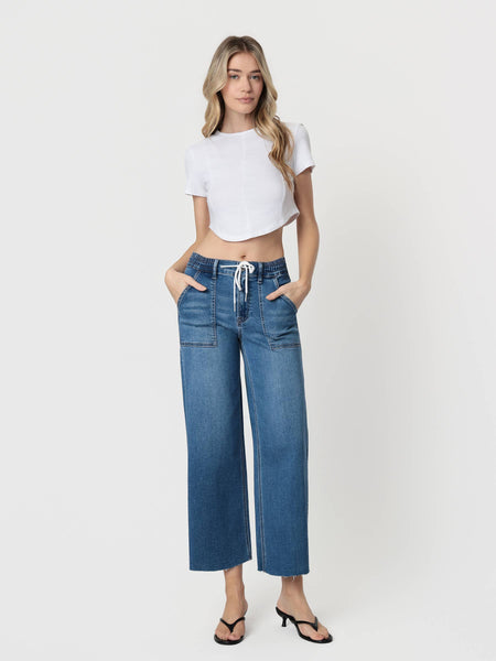 HIGH RISE SUPER SOFT FABRIC DRAWSTRING BAGGY WIDE JEANS
