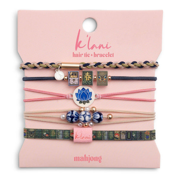 "Mahjong" Themed in Pink, Green & Blue with Lotus & Tile Accent Hair Tie Bracelets: Medium