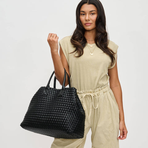 Ithaca Woven Vegan Leather Tote: Black - Lulu Bella Boutique