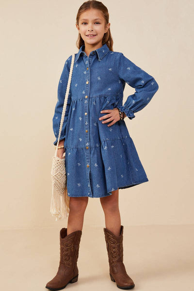Girls Bow Printed Buttoned Denim Dress - Lulu Bella Boutique