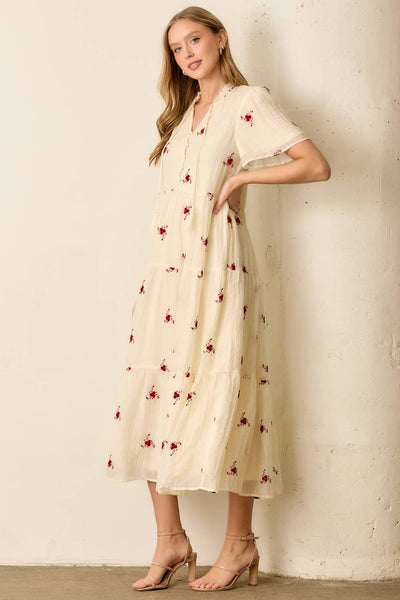 PRINTED MAXI DRESS WITH TASSEL: IVORY/RED - Lulu Bella Boutique