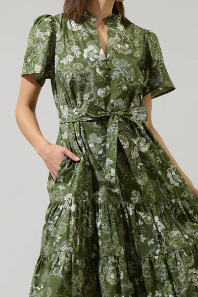 Hazleton Floral Britt Poplin Tiered Midi Dress: CREAM-OLIVE / M - Lulu Bella Boutique