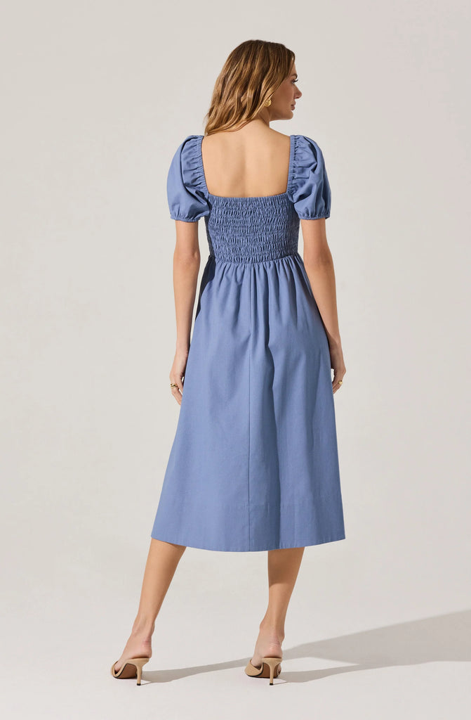 ASTR the Label | Smocked Bow Midi Dress in Denim Blue