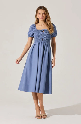 ASTR the Label Bow Detail Smock Bodice Cotton Blend Dress in Denim Blue at Nordstrom, Size Large ASTR the Label Bow Detail Smock Bodice Cotton Blend Dress in Denim Blue at Nordstrom, Size Large