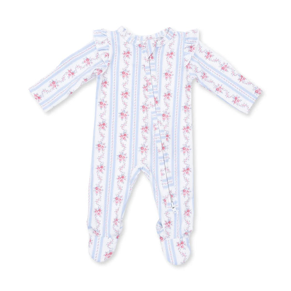 Anna Floral Stripe  2 Way Ruffle Sleeve Zipper Footie