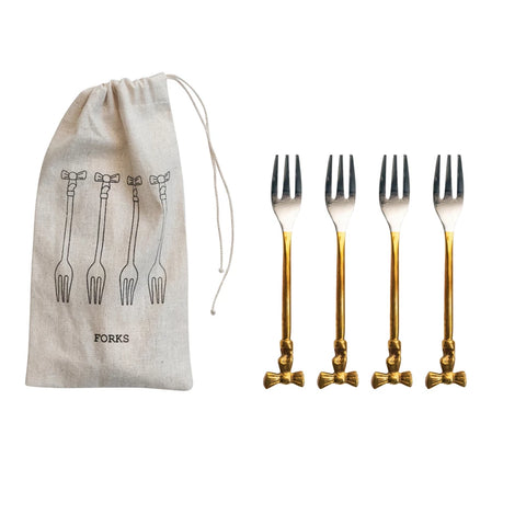 Appetizer Forks with Gold Finish Bow Handles, Set of 4 in Drawstring Bag