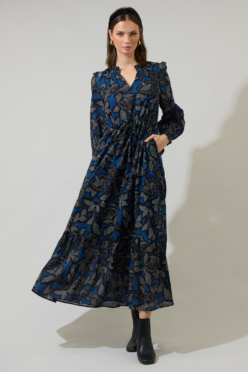 Aurina Floral Kezia Ruffle Midi Dress Navy/Black / Xs