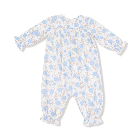 Baby Blue Floral  Smocked Long Sleeve Romper