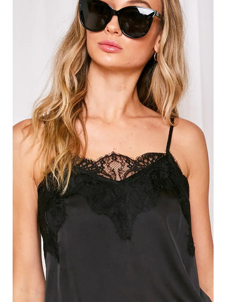 Adjustable Straps Lace Trim Satin Camisole Tank Top: Black