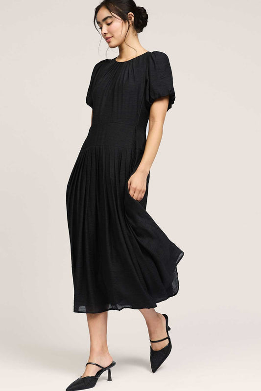 Puff Short Sleeve Pleated Midi Dress