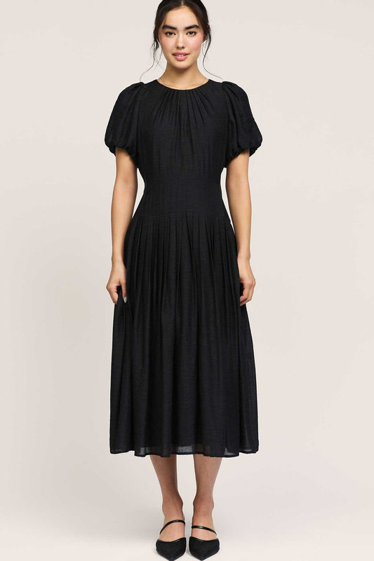 Puff Short Sleeve Pleated Midi Dress